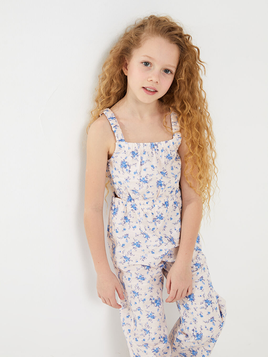 Mavi Kare Yaka Desenli Askılı Kız Çocuk Tulum-2