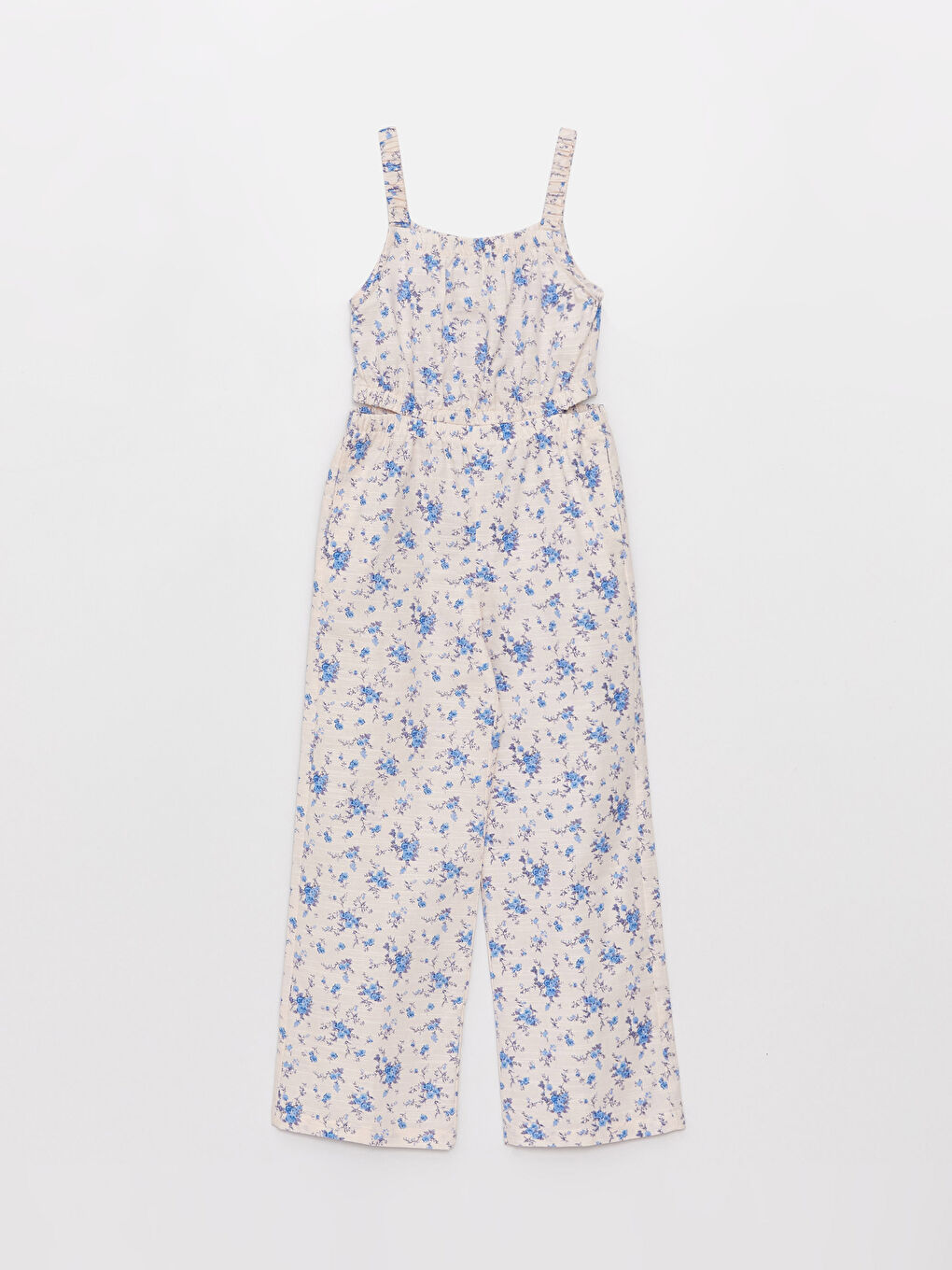 Mavi Kare Yaka Desenli Askılı Kız Çocuk Tulum-3