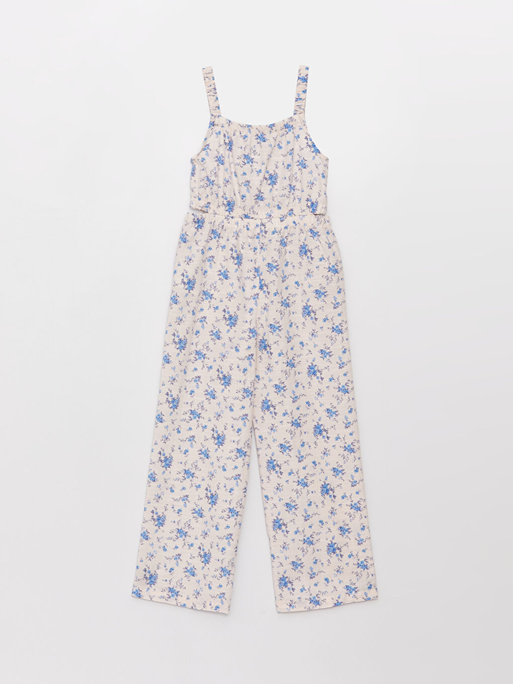 Mavi Kare Yaka Desenli Askılı Kız Çocuk Tulum-4