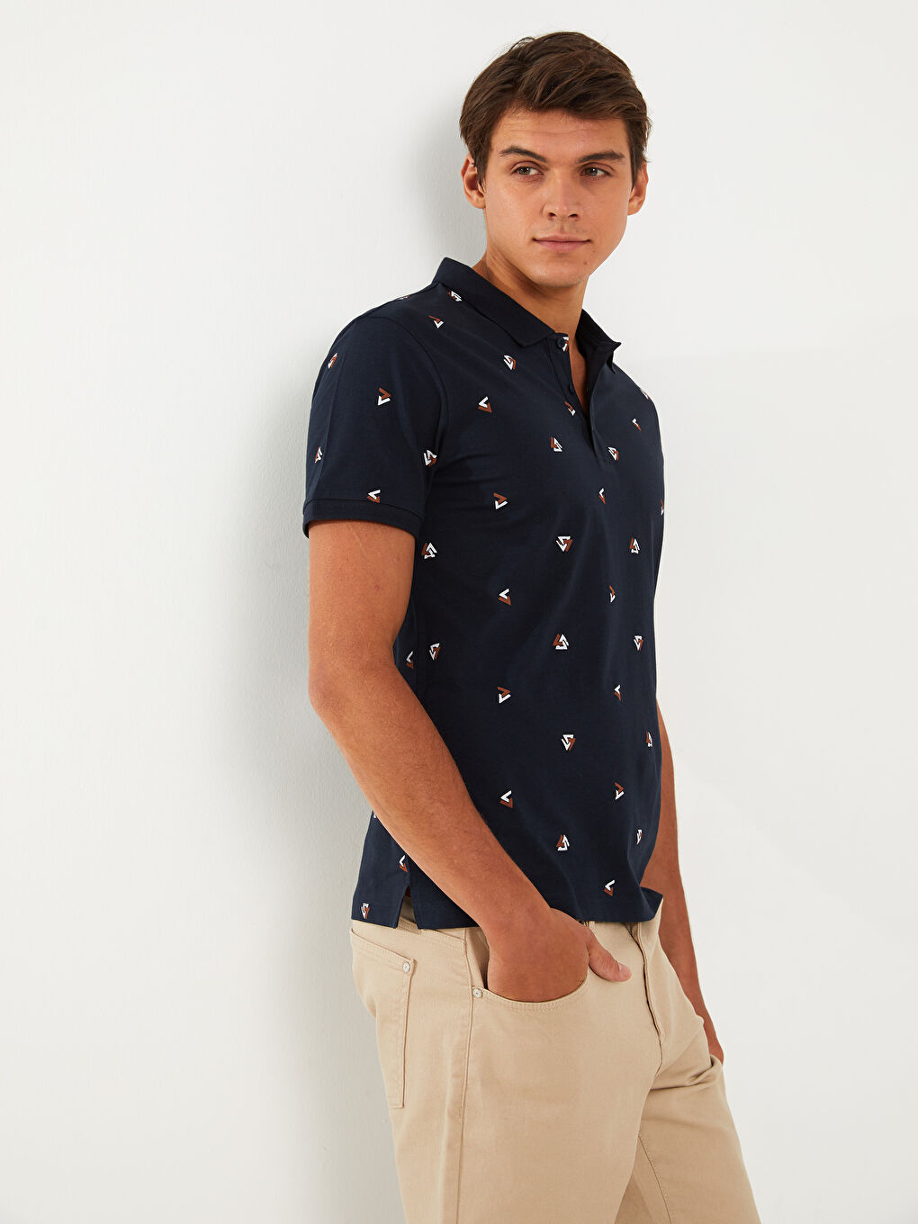 Lacivert Polo Yaka Kısa Kollu Desenli Penye Erkek Tişört
