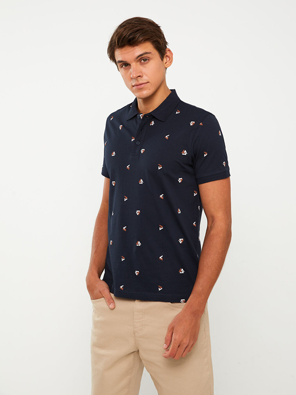 Lacivert Polo Yaka Kısa Kollu Desenli Penye Erkek Tişört-1