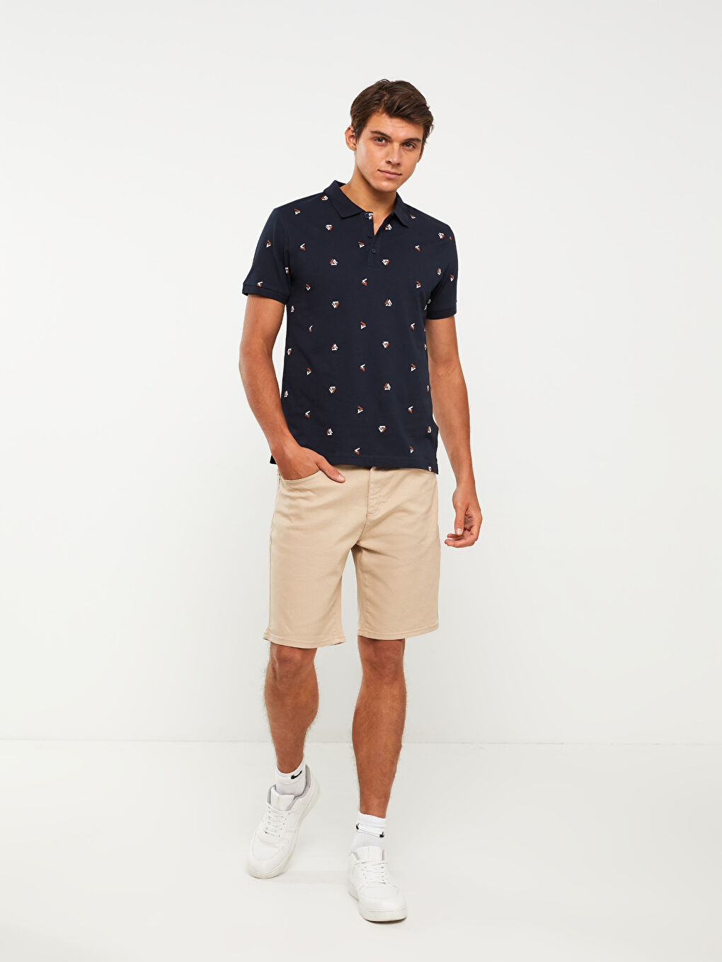 Lacivert Polo Yaka Kısa Kollu Desenli Penye Erkek Tişört-2