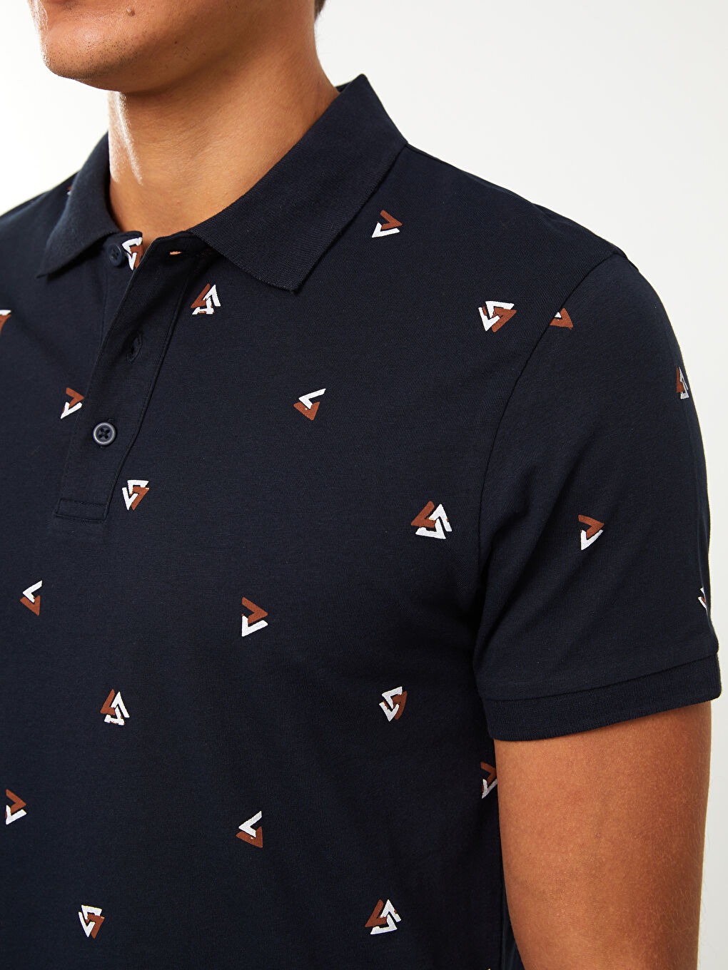 Lacivert Polo Yaka Kısa Kollu Desenli Penye Erkek Tişört-3