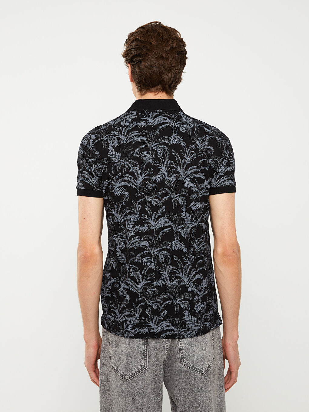 Siyah Polo Yaka Kısa Kollu Desenli Penye Erkek Tişört-4