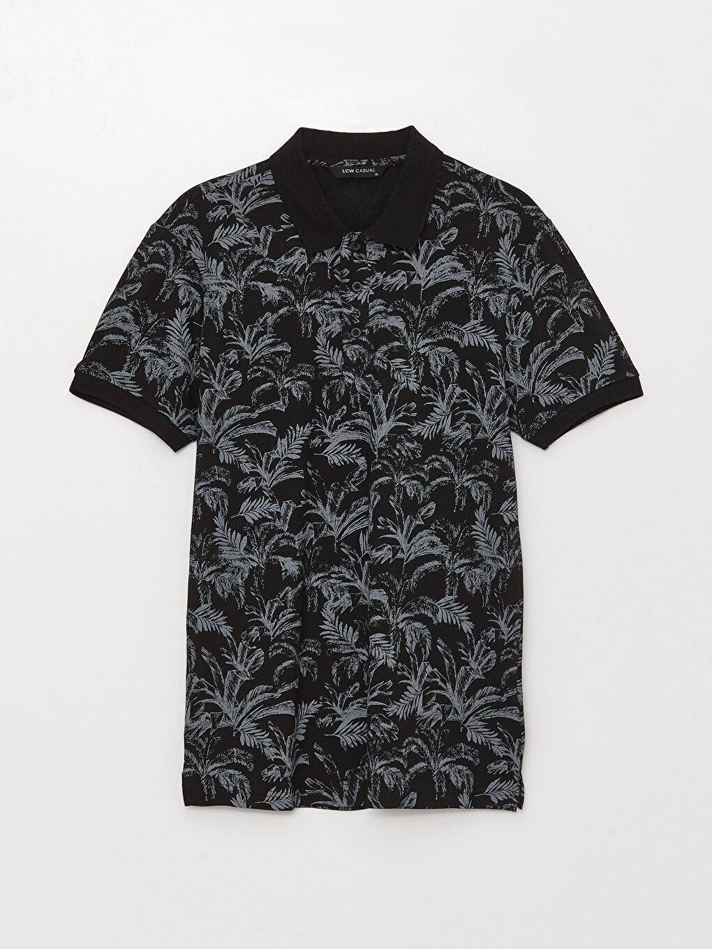 Siyah Polo Yaka Kısa Kollu Desenli Penye Erkek Tişört-5