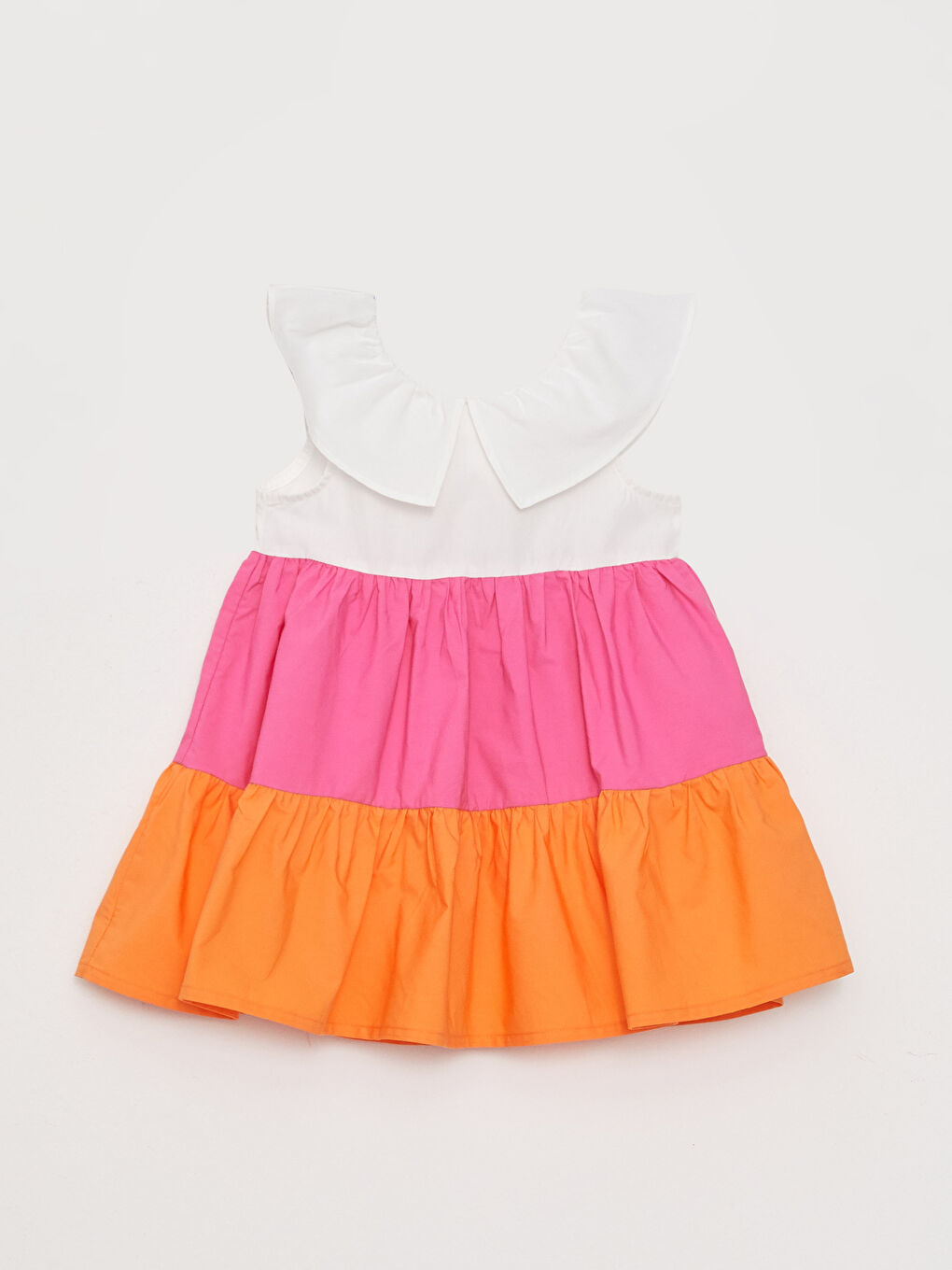 Ekru Bebe Yaka Renk Bloklu Kız Bebek Elbise