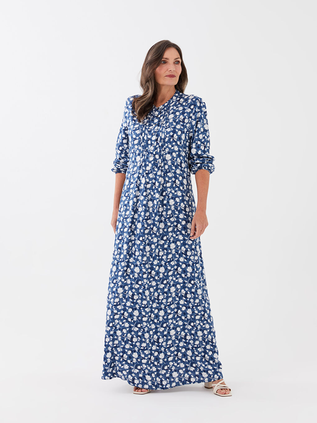 Petrol Hakim Yaka Desenli Uzun Kollu Kadın Elbise