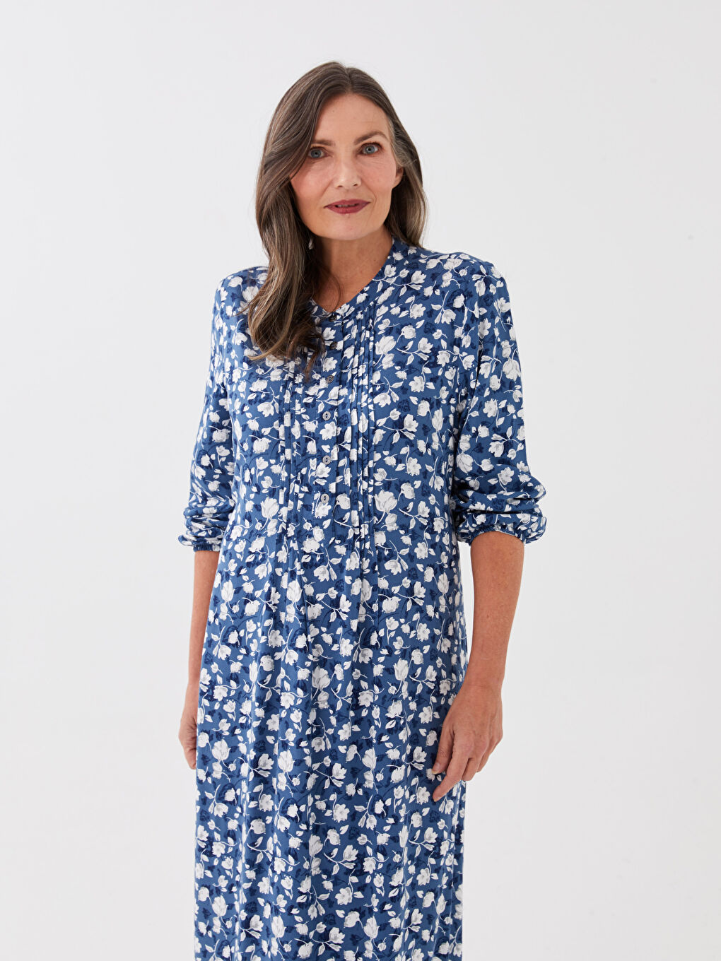 Petrol Hakim Yaka Desenli Uzun Kollu Kadın Elbise-2