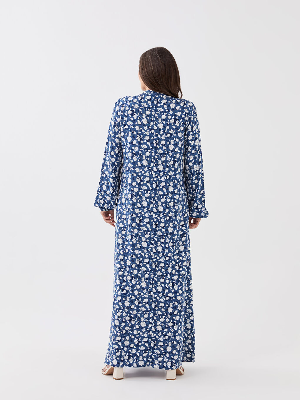 Petrol Hakim Yaka Desenli Uzun Kollu Kadın Elbise-4