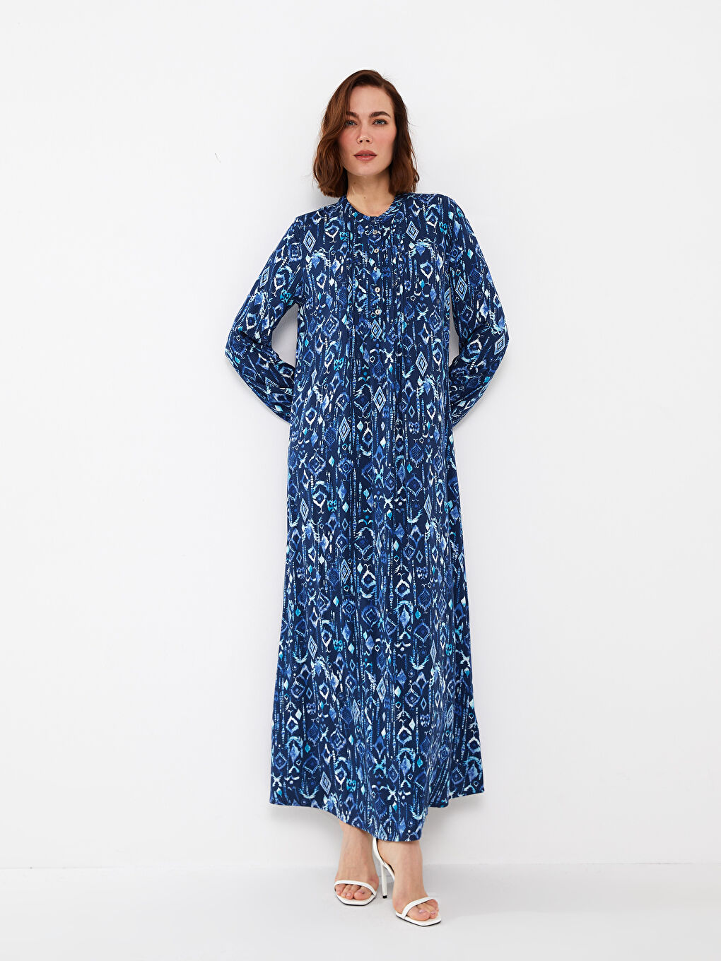 Robe à Col Mao à Motifs à Manches Longues pour Femmes