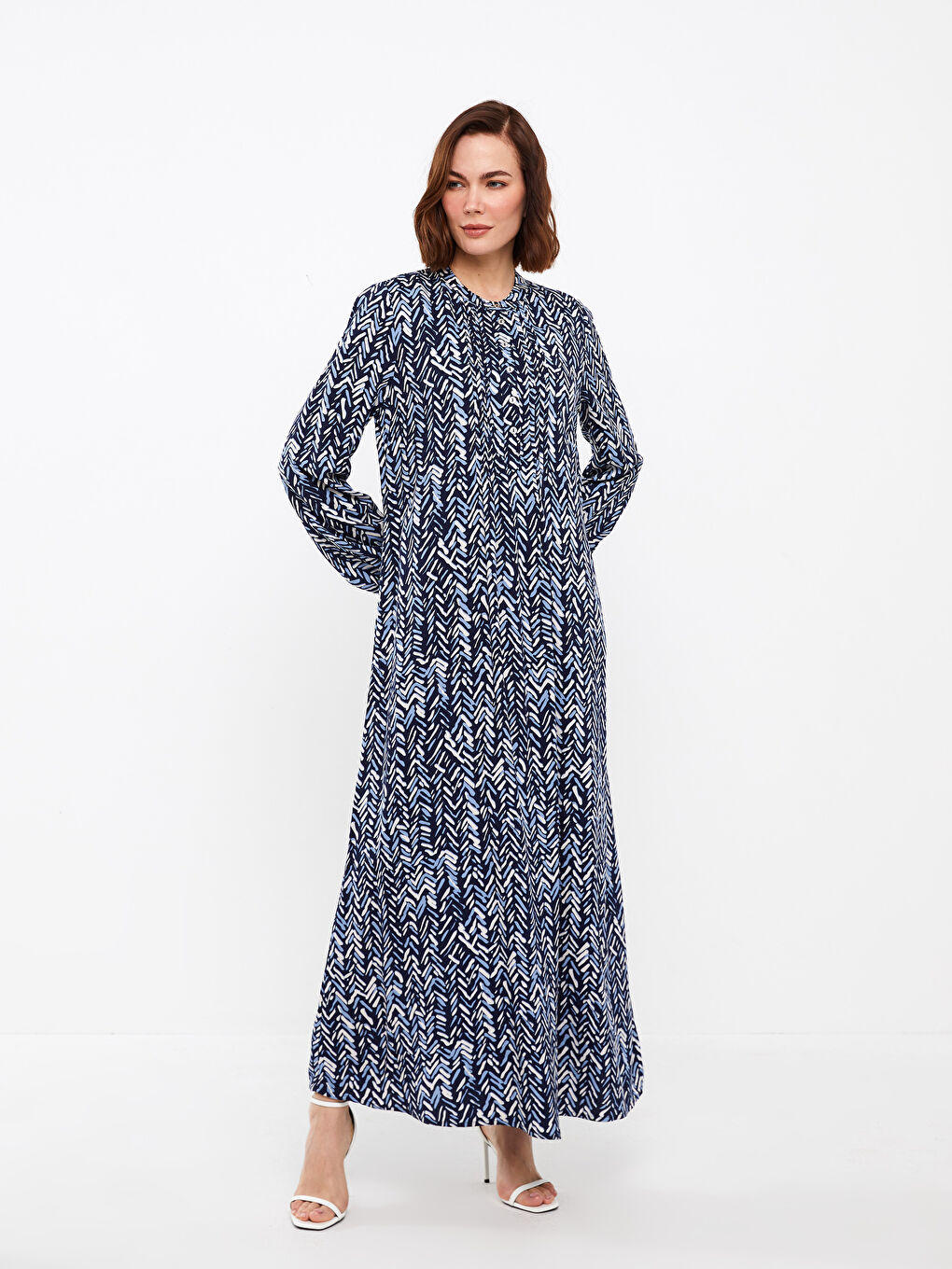 Mavi Hakim Yaka Desenli Uzun Kollu Elbise