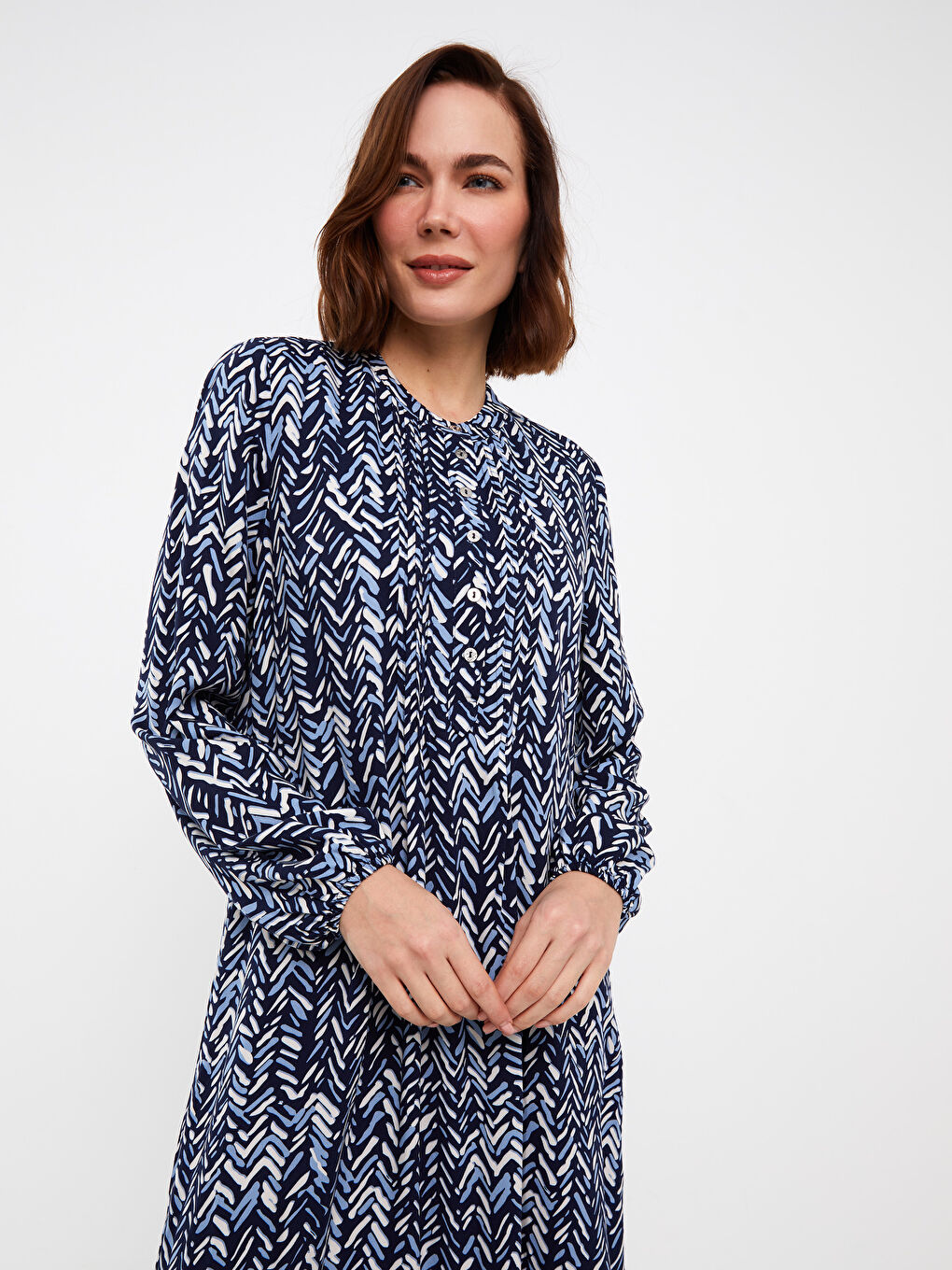 Mavi Hakim Yaka Desenli Uzun Kollu Elbise-1