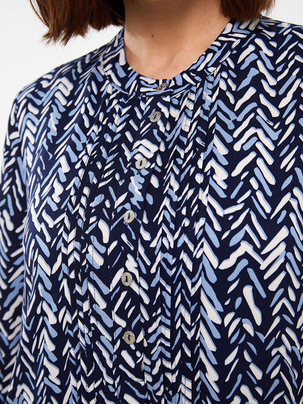 Mavi Hakim Yaka Desenli Uzun Kollu Elbise-2