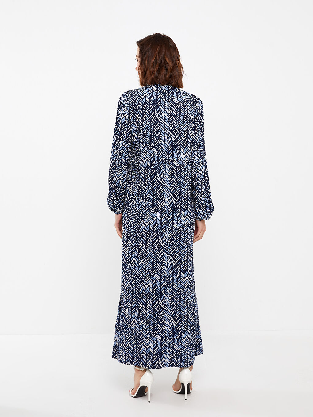 Mavi Hakim Yaka Desenli Uzun Kollu Elbise-3