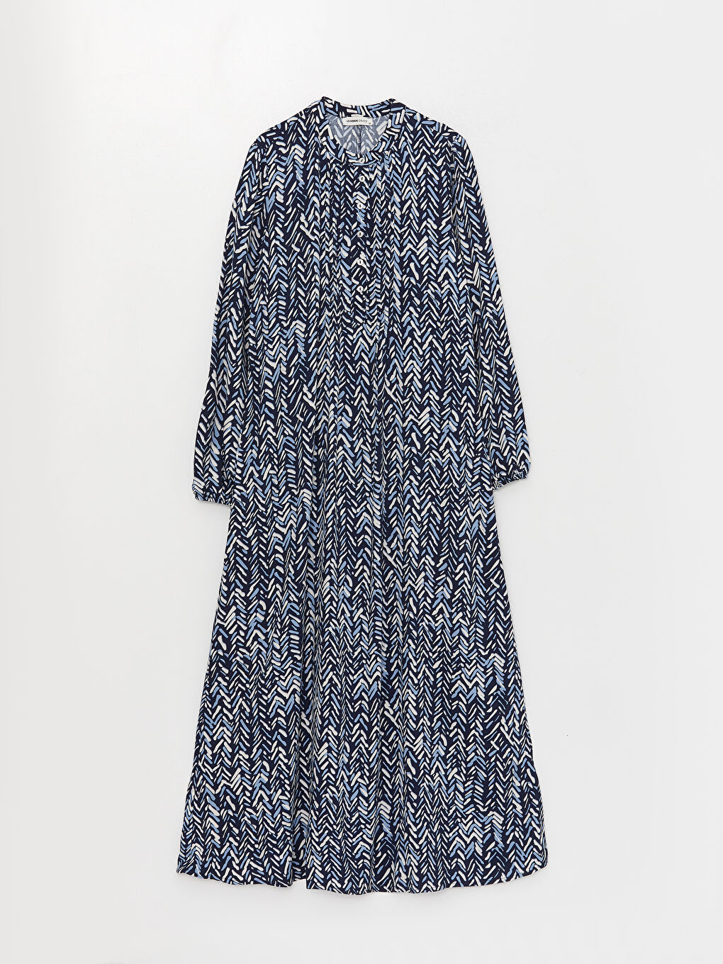 Mavi Hakim Yaka Desenli Uzun Kollu Elbise-4