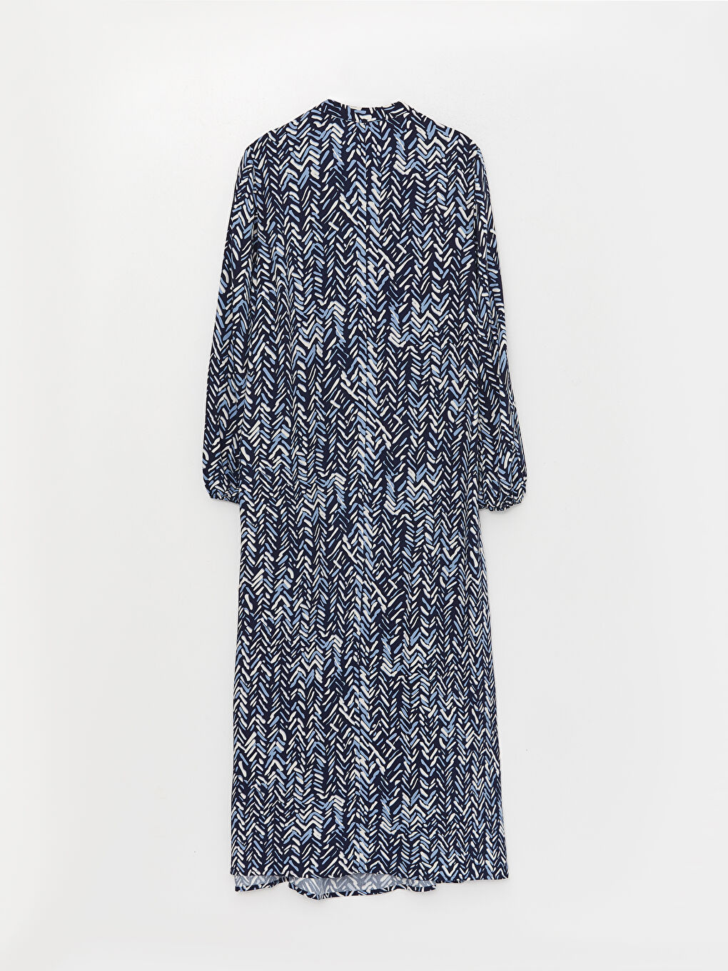 Mavi Hakim Yaka Desenli Uzun Kollu Elbise-5
