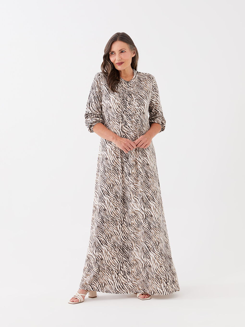 Grandad Collar Patterned Long Sleeve Women's Dress -S3AI79Z8-LQY