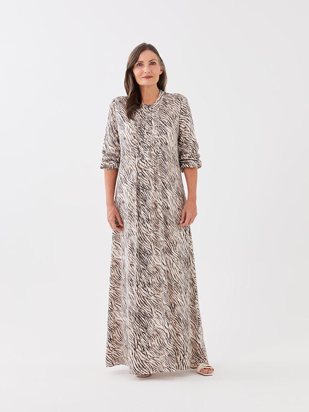 Grandad Collar Patterned Long Sleeve Women's Dress -S3AI79Z8-LQY