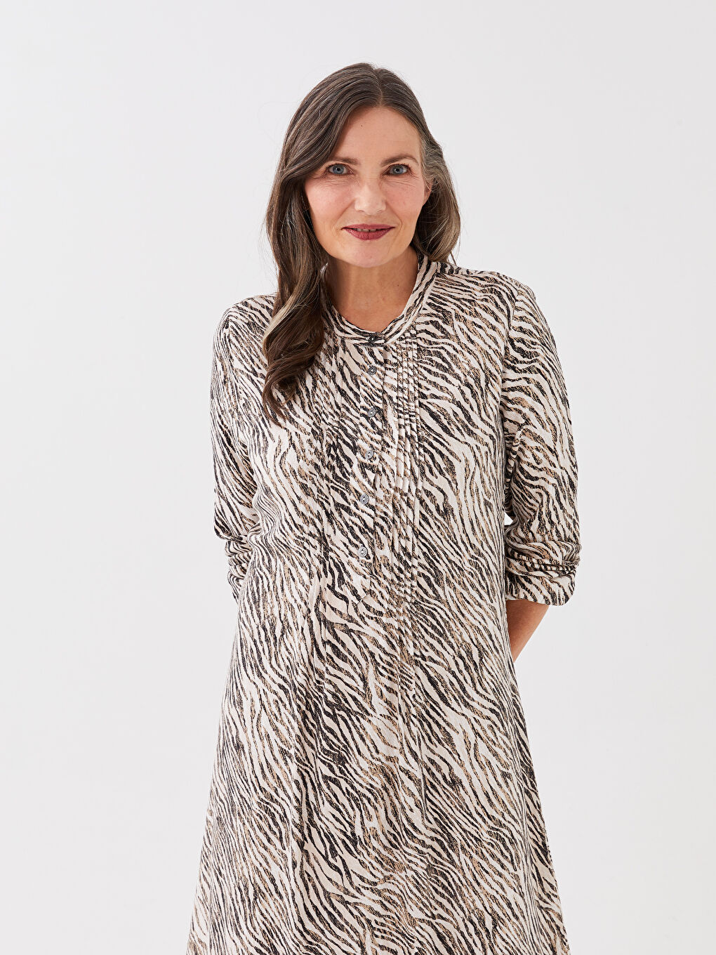 Grandad Collar Patterned Long Sleeve Women's Dress -S3AI79Z8-LQY