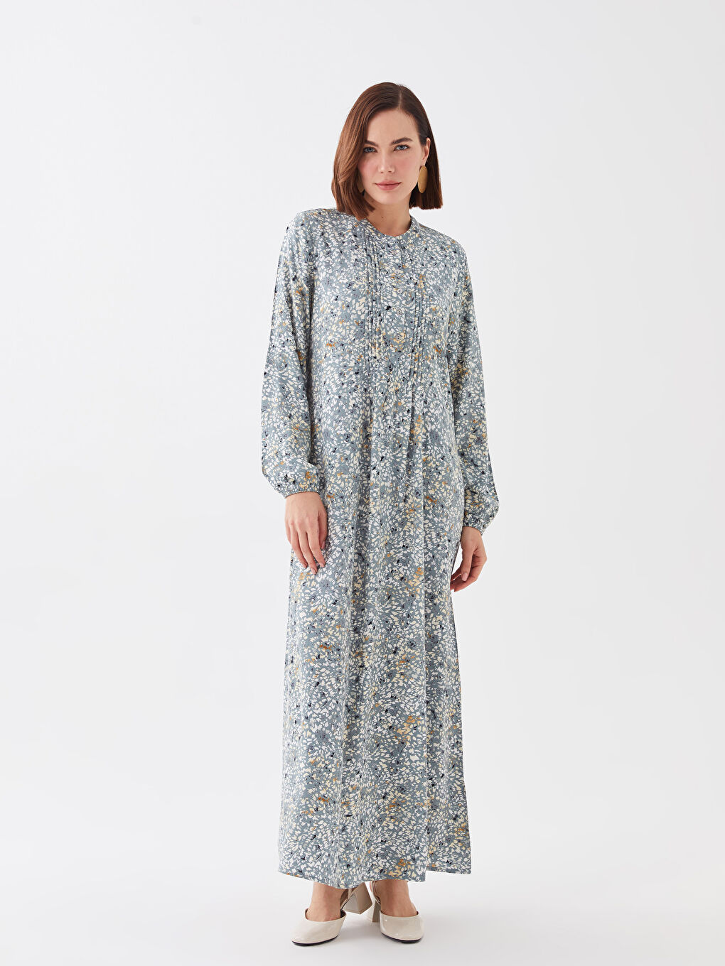 Yeşil Hakim Yaka Desenli Uzun Kollu Kadın Elbise