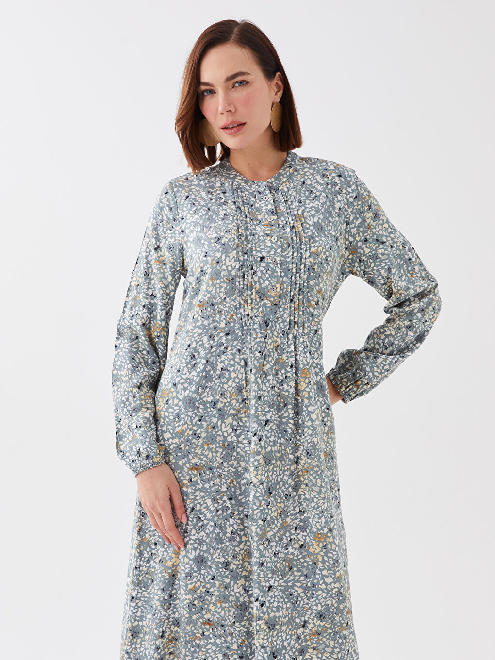 Yeşil Hakim Yaka Desenli Uzun Kollu Kadın Elbise-1