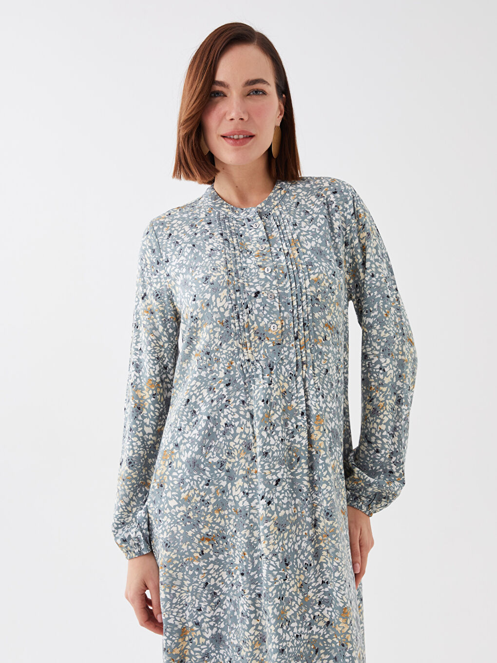 Yeşil Hakim Yaka Desenli Uzun Kollu Kadın Elbise-2