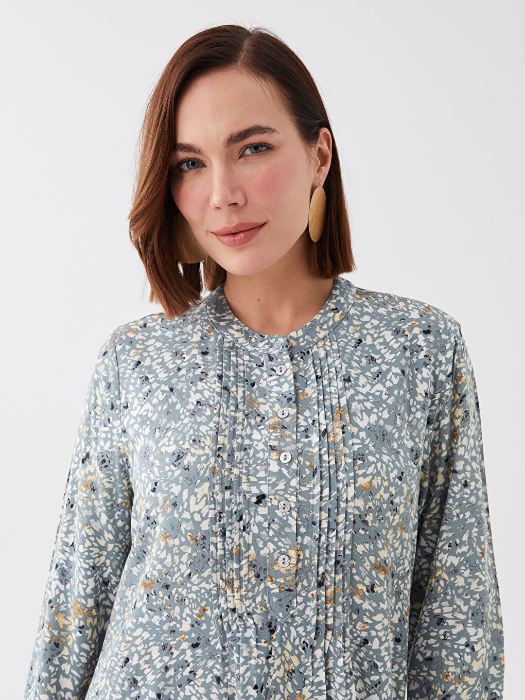 Yeşil Hakim Yaka Desenli Uzun Kollu Kadın Elbise-3