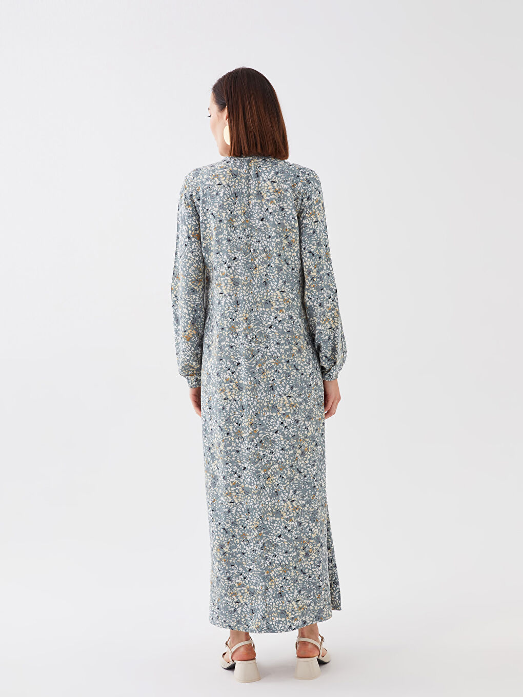 Yeşil Hakim Yaka Desenli Uzun Kollu Kadın Elbise-4