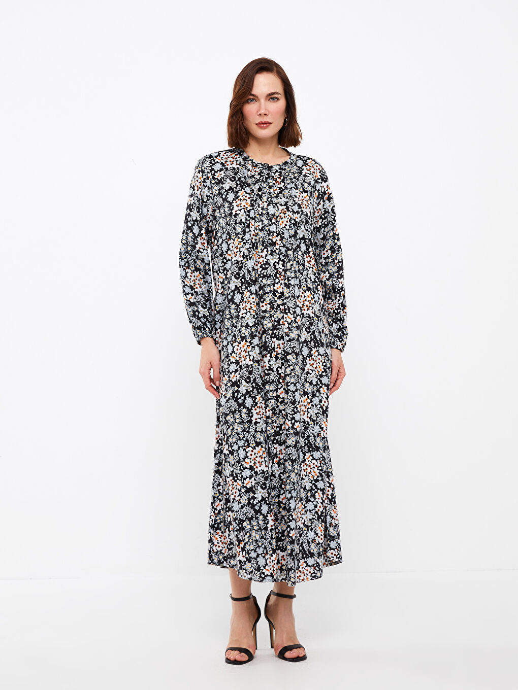 Siyah Hakim Yaka Desenli Uzun Kollu Kadın Elbise