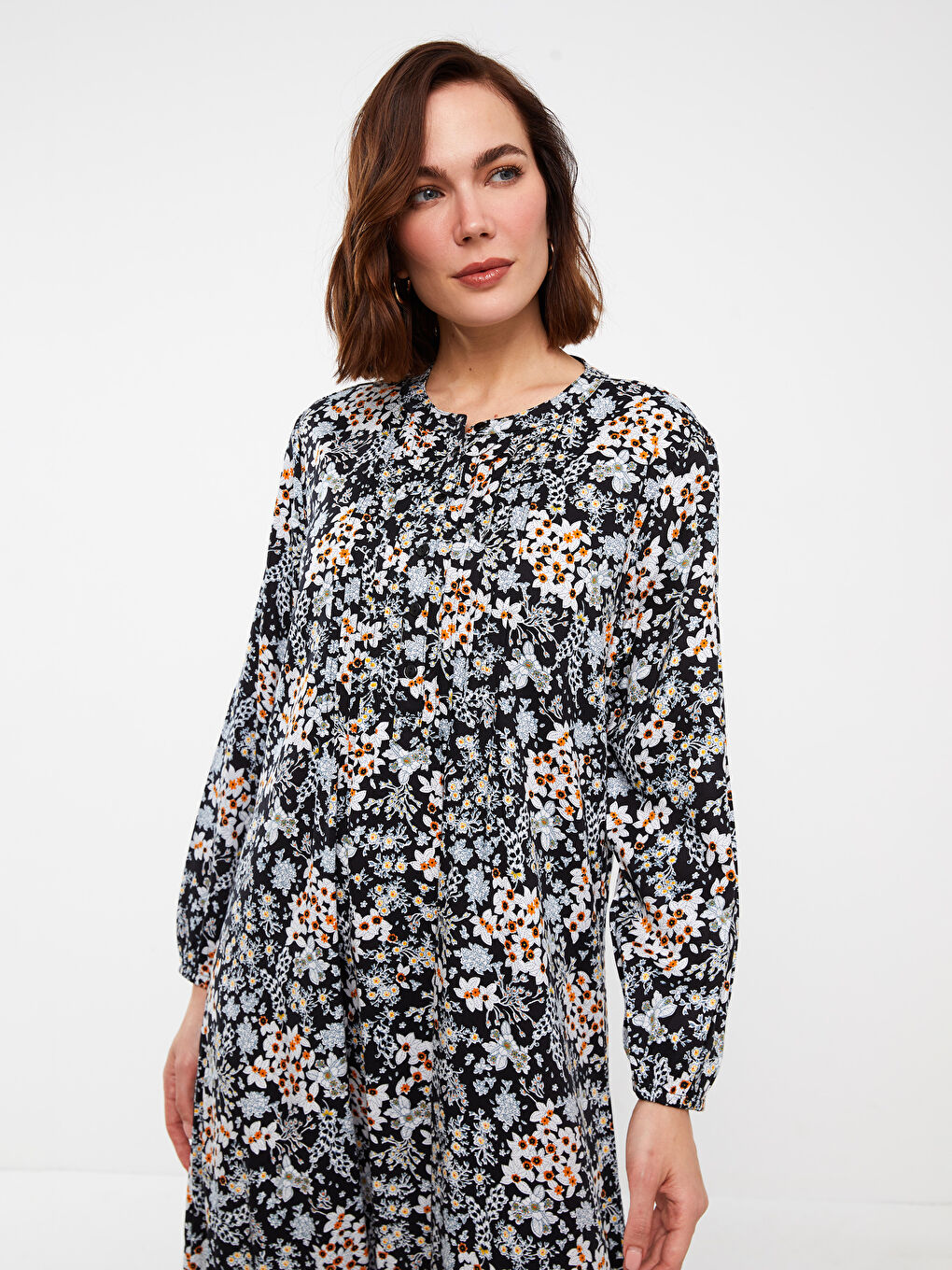 Siyah Hakim Yaka Desenli Uzun Kollu Kadın Elbise-2