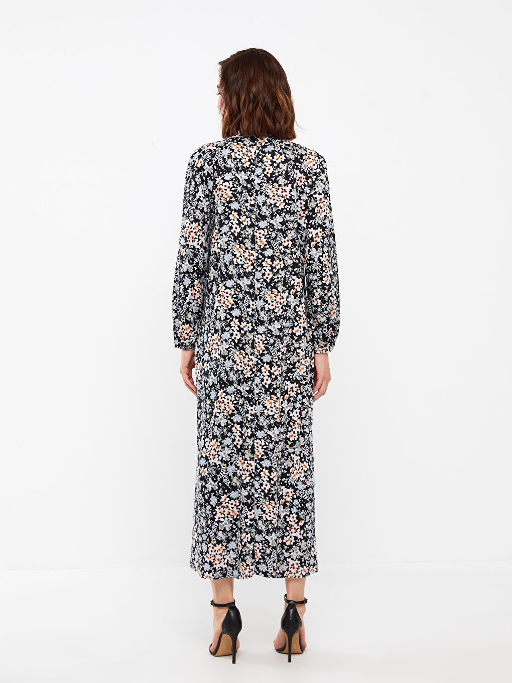Siyah Hakim Yaka Desenli Uzun Kollu Kadın Elbise-4