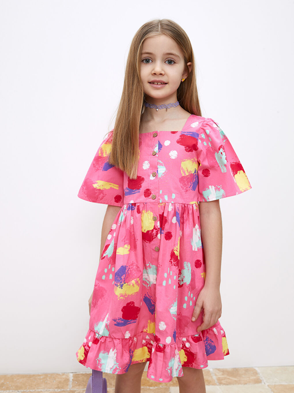 Square Neck Patterned Short Sleeve Girls' Dress-1