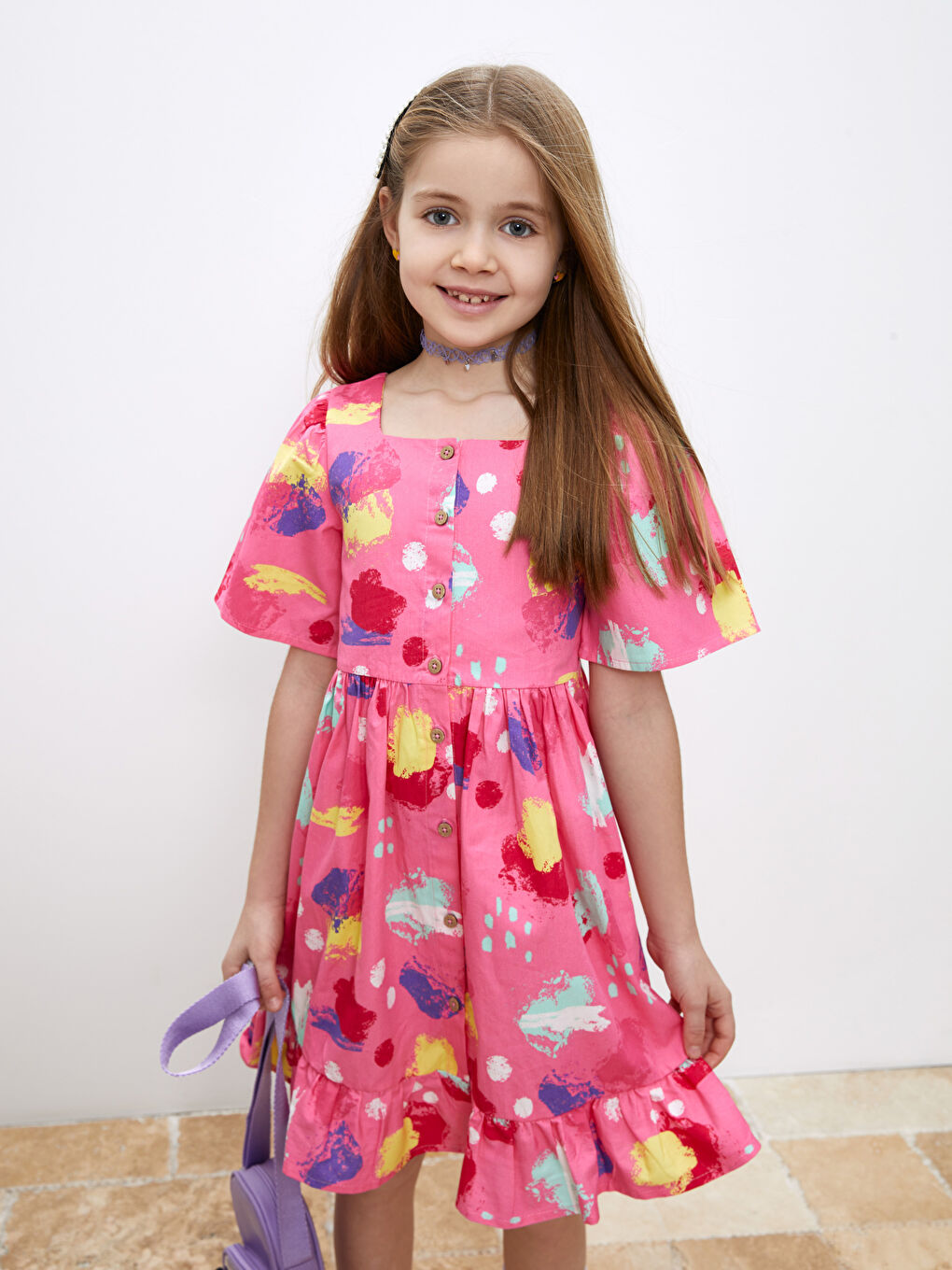 Square Neck Patterned Short Sleeve Girls' Dress-2