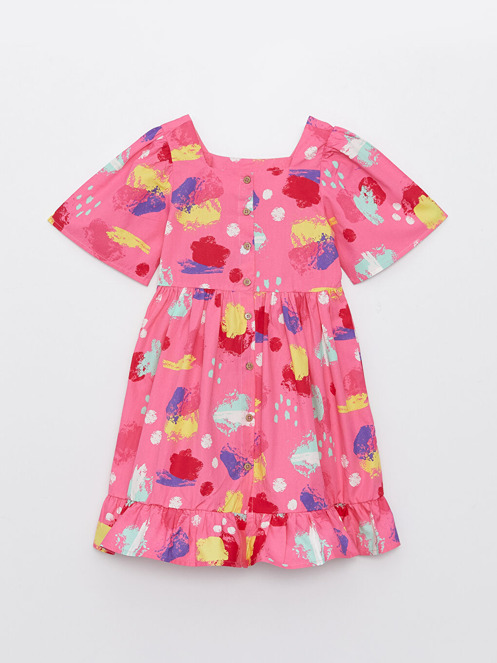 Square Neck Patterned Short Sleeve Girls' Dress-3
