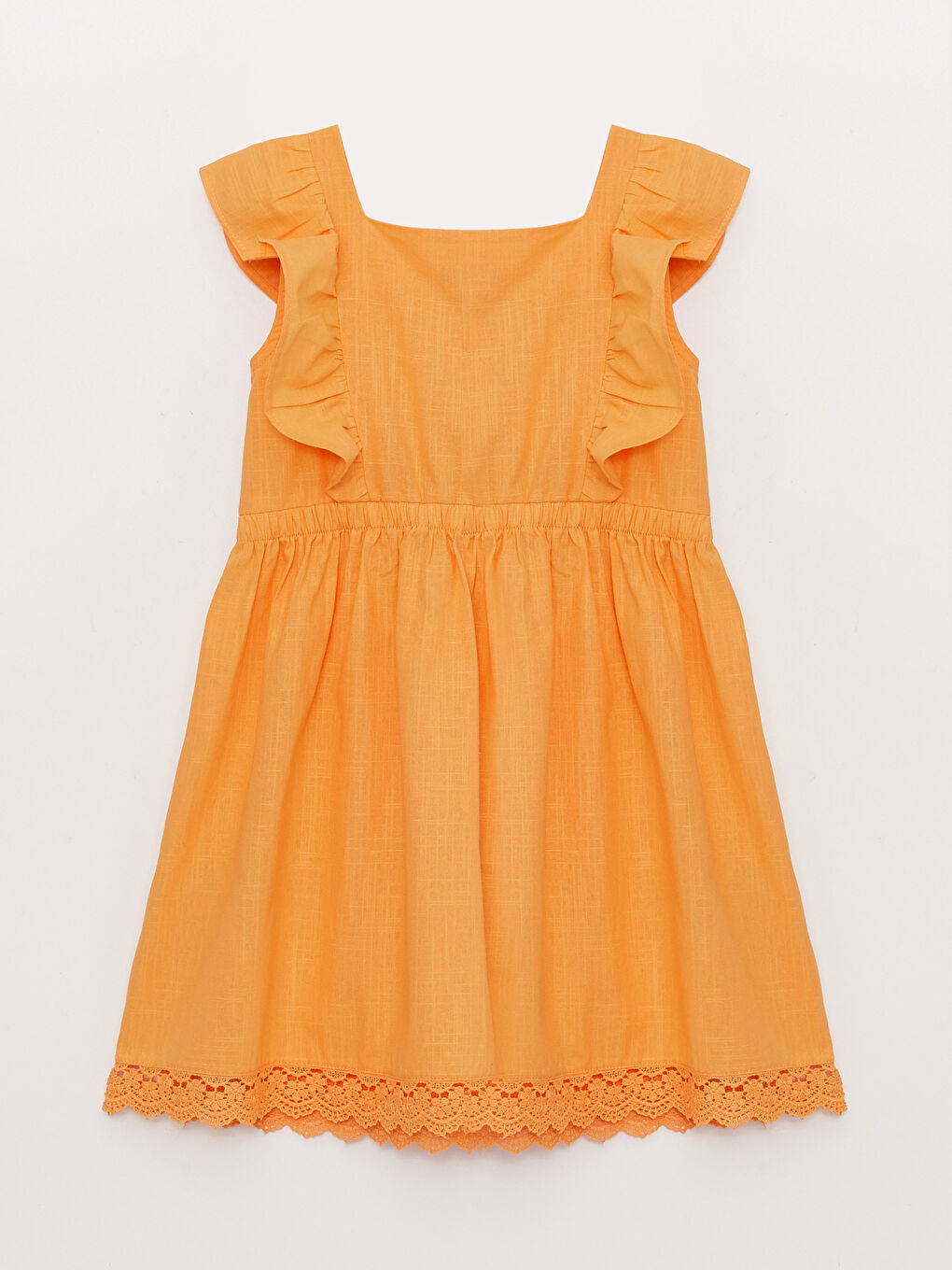Turuncu Kare Yaka Fırfır Detaylı Basic Kız Çocuk Elbise-1