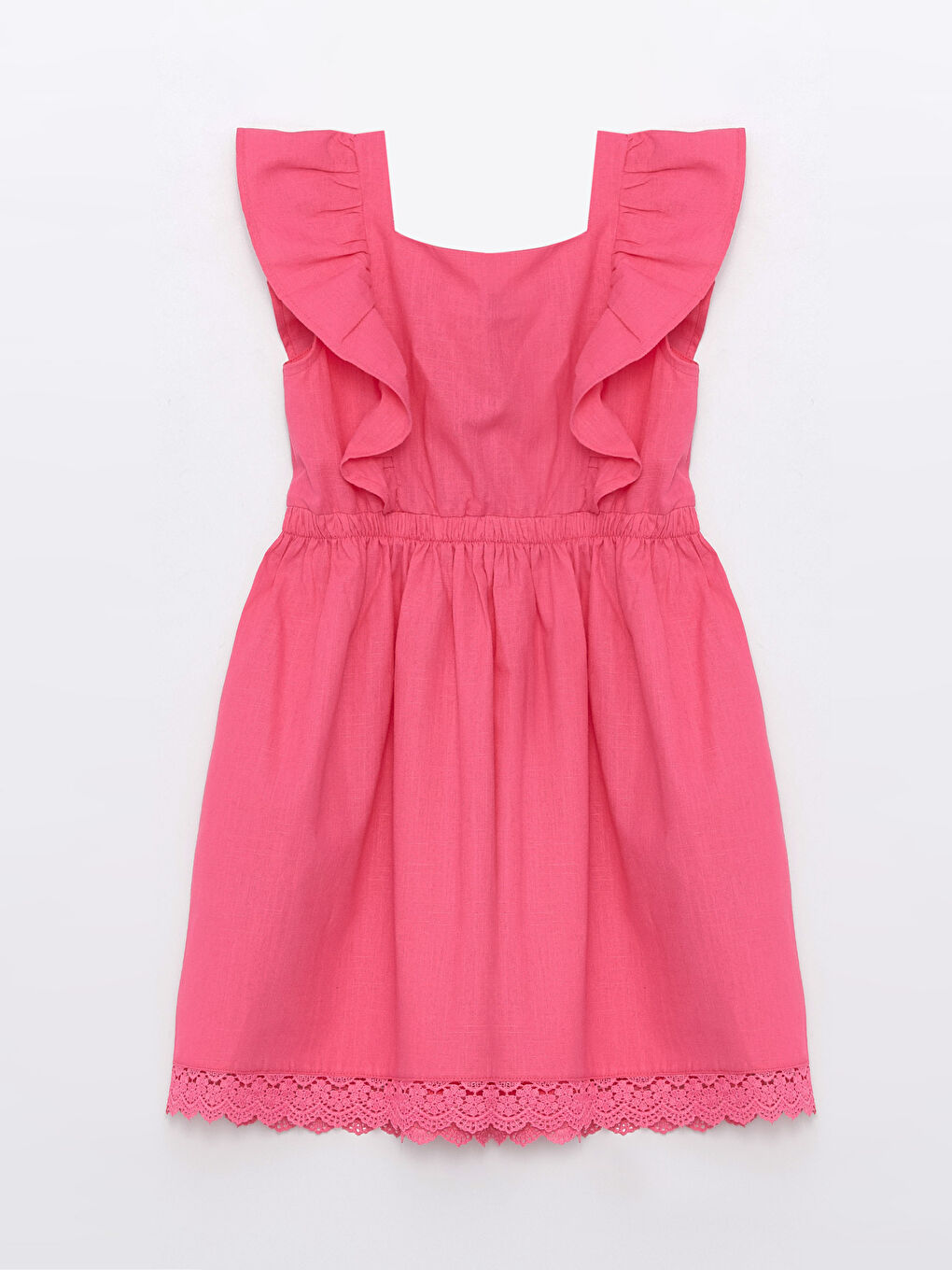 Pembe Kare Yaka Fırfır Detaylı Basic Kız Çocuk Elbise