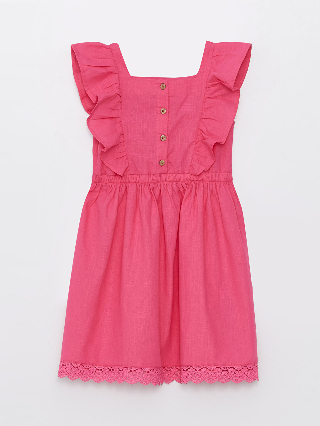 Pembe Kare Yaka Fırfır Detaylı Basic Kız Çocuk Elbise-1