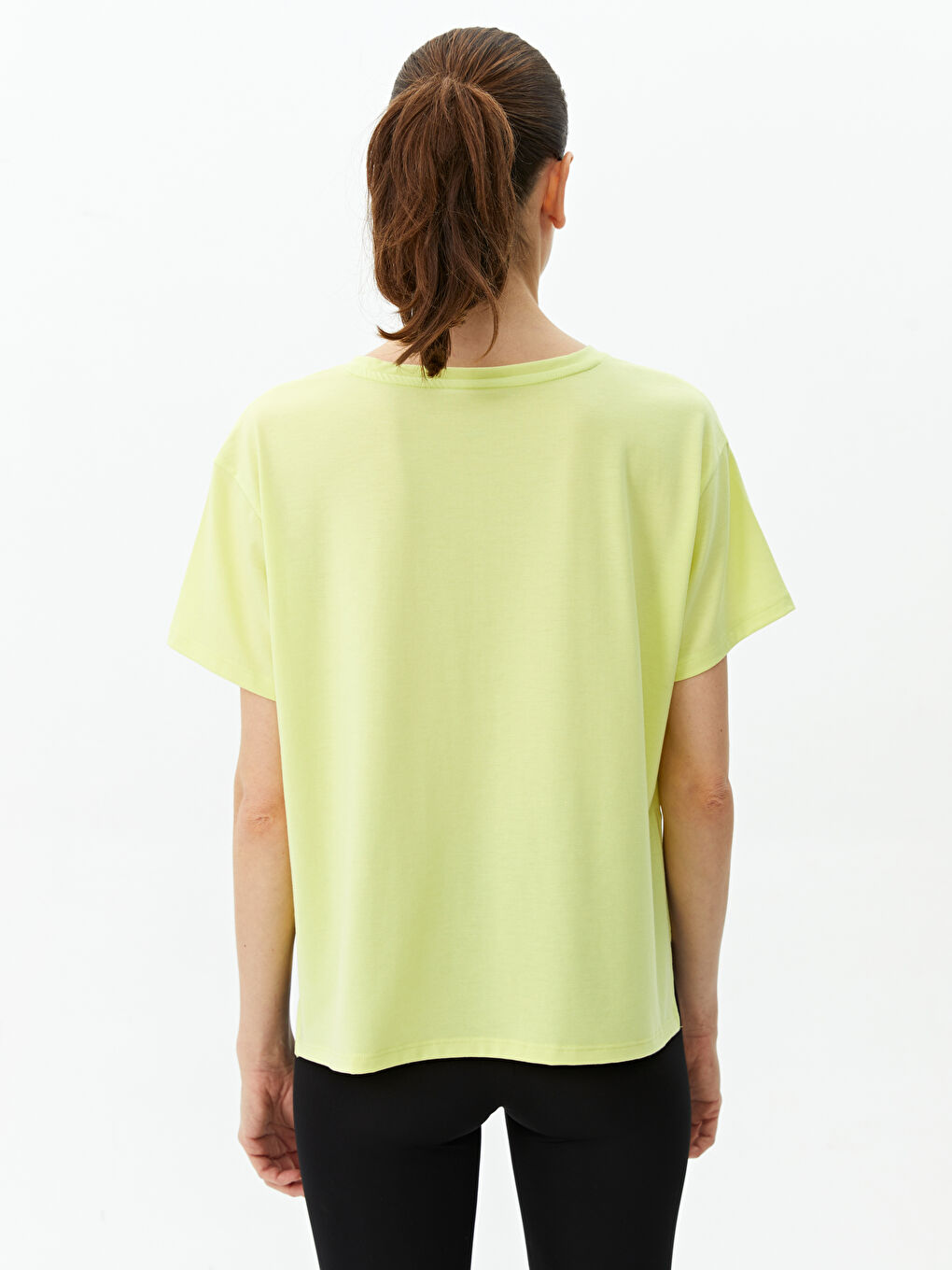 Yeşil Bisiklet Yaka Düz Kısa Kollu Oversize Kadın Tişört-5