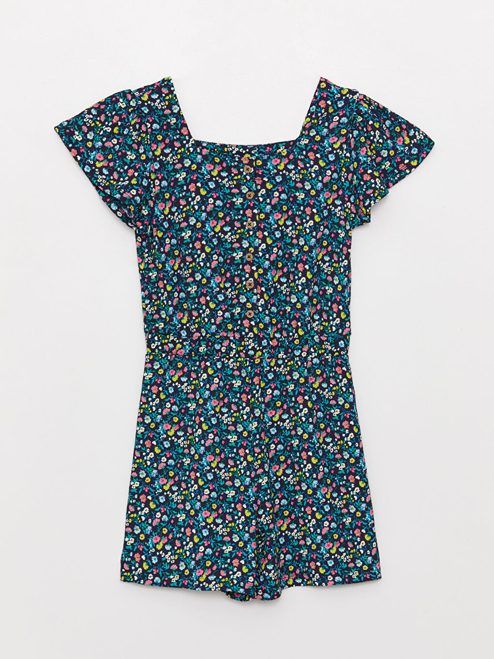 Lacivert Kare Yaka Desenli Kısa Kollu Kız Çocuk Tulum