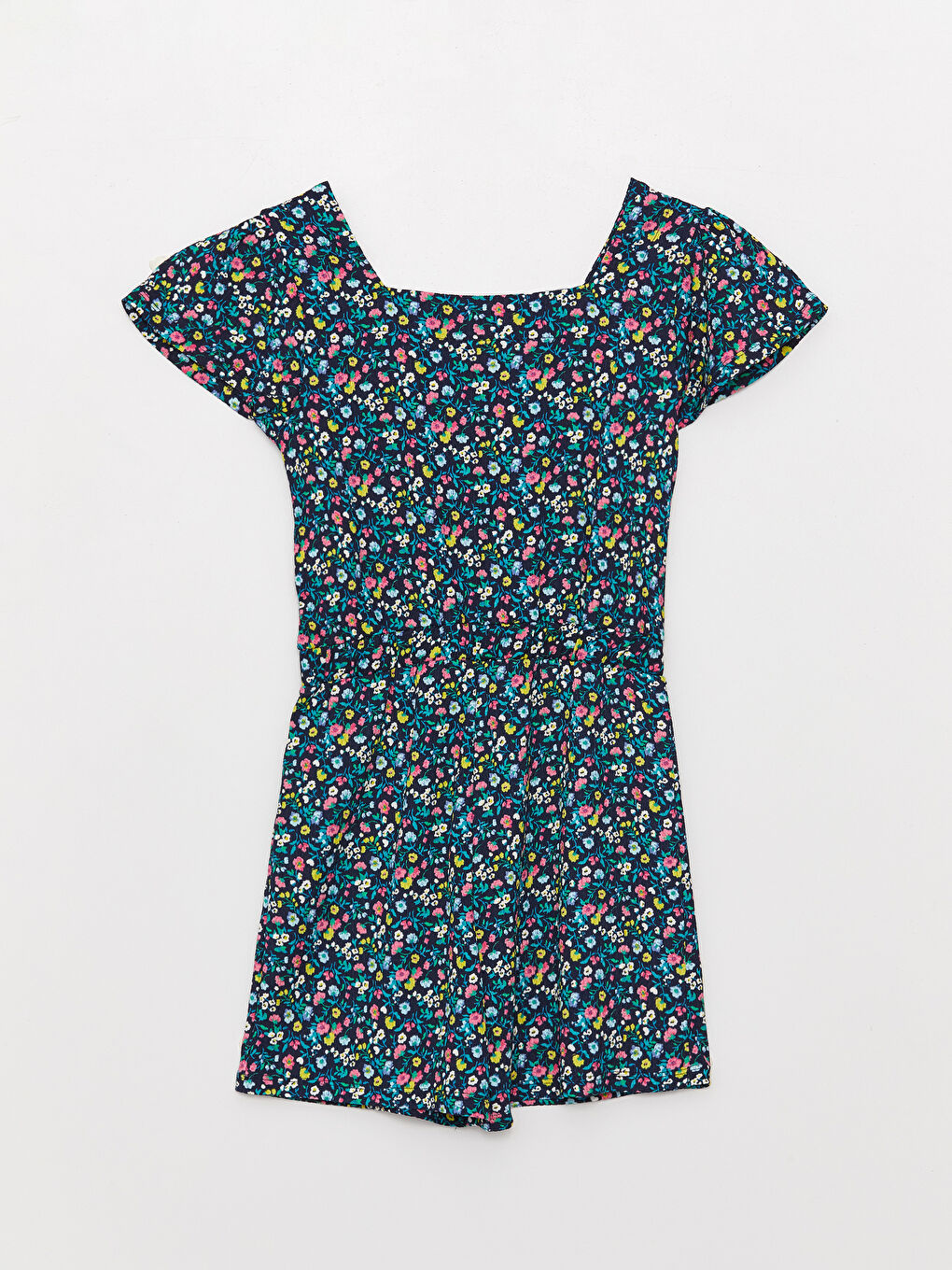 Lacivert Kare Yaka Desenli Kısa Kollu Kız Çocuk Tulum-1