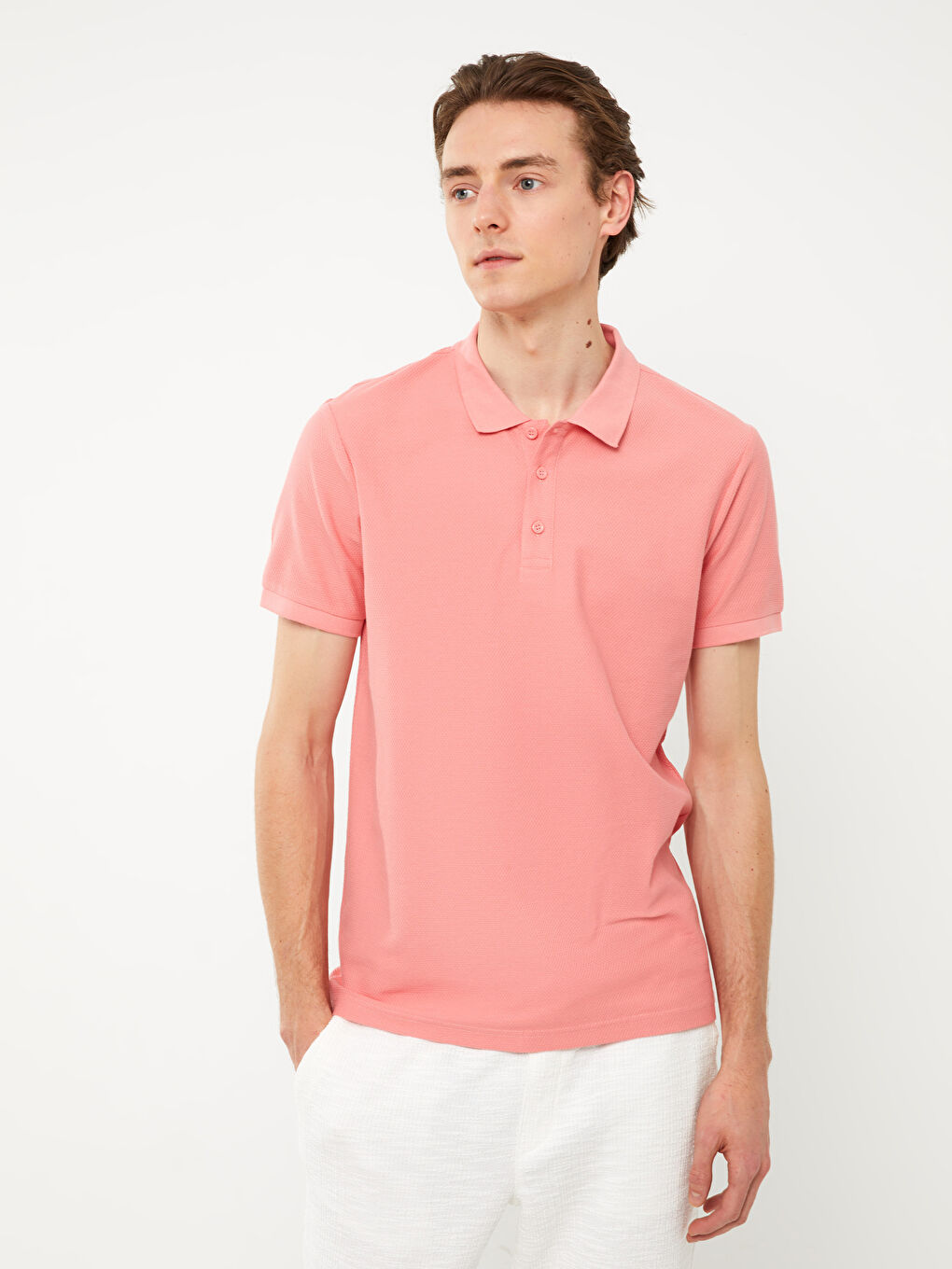 Pembe Polo Yaka Kısa Kollu Erkek Tişört-1