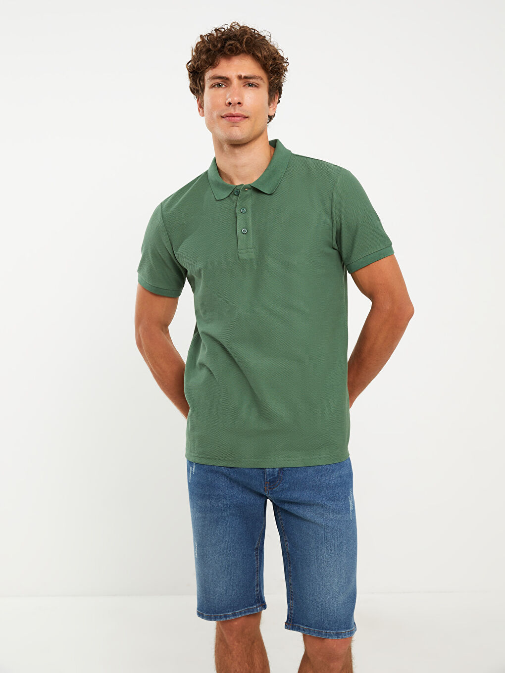 Yeşil Polo Yaka Kısa Kollu Erkek Tişört-1