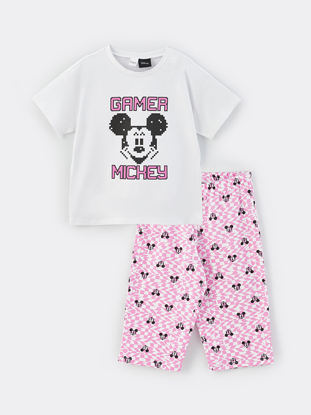 Beyaz Bisiklet Yaka Mickey Mouse Baskılı Kısa Kollu Kız Çocuk Pijama Takımı