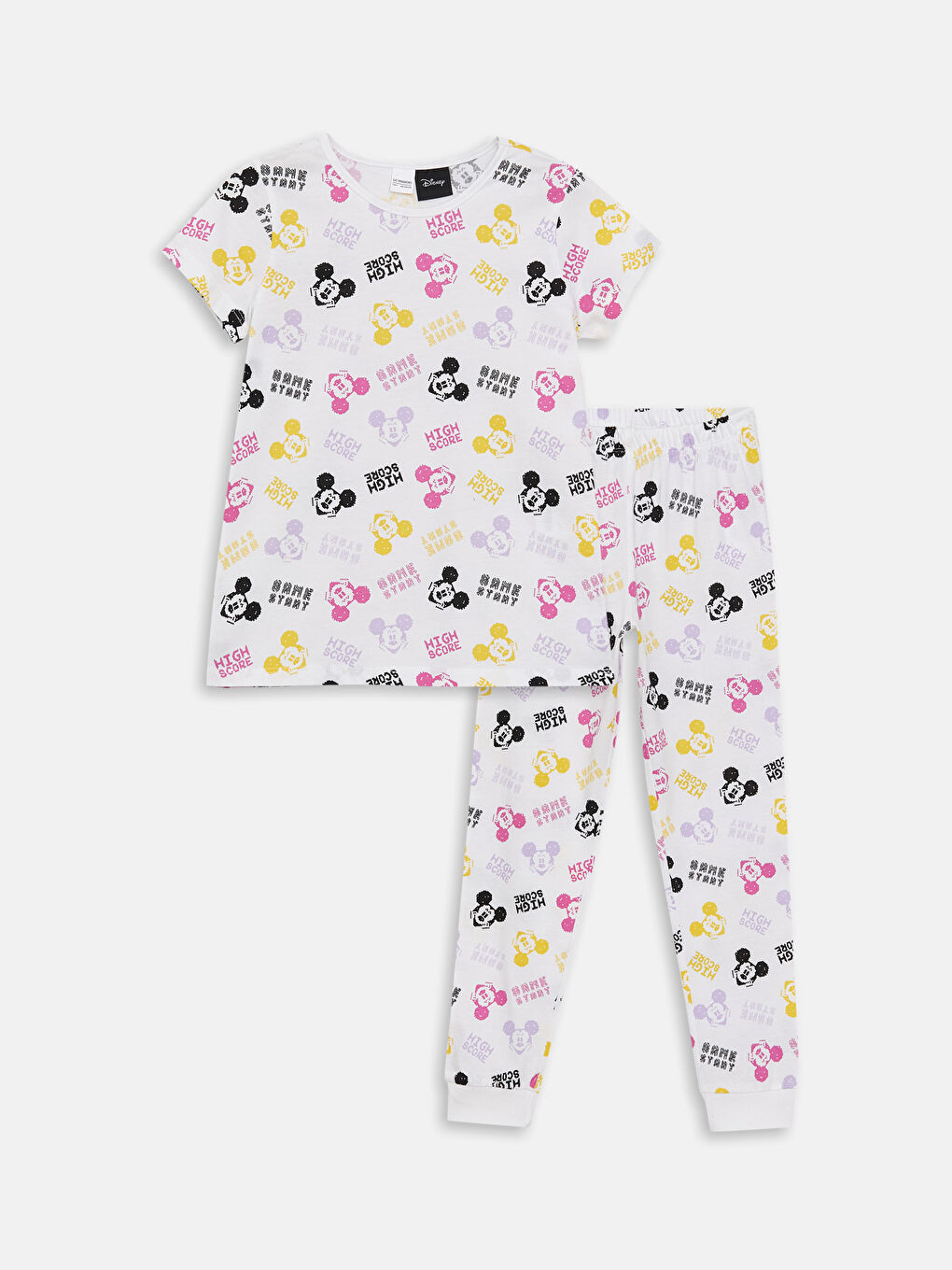 طقم بيجامة للبنات ياقة دائرية مطبوع ميكي ماوس كم قصير