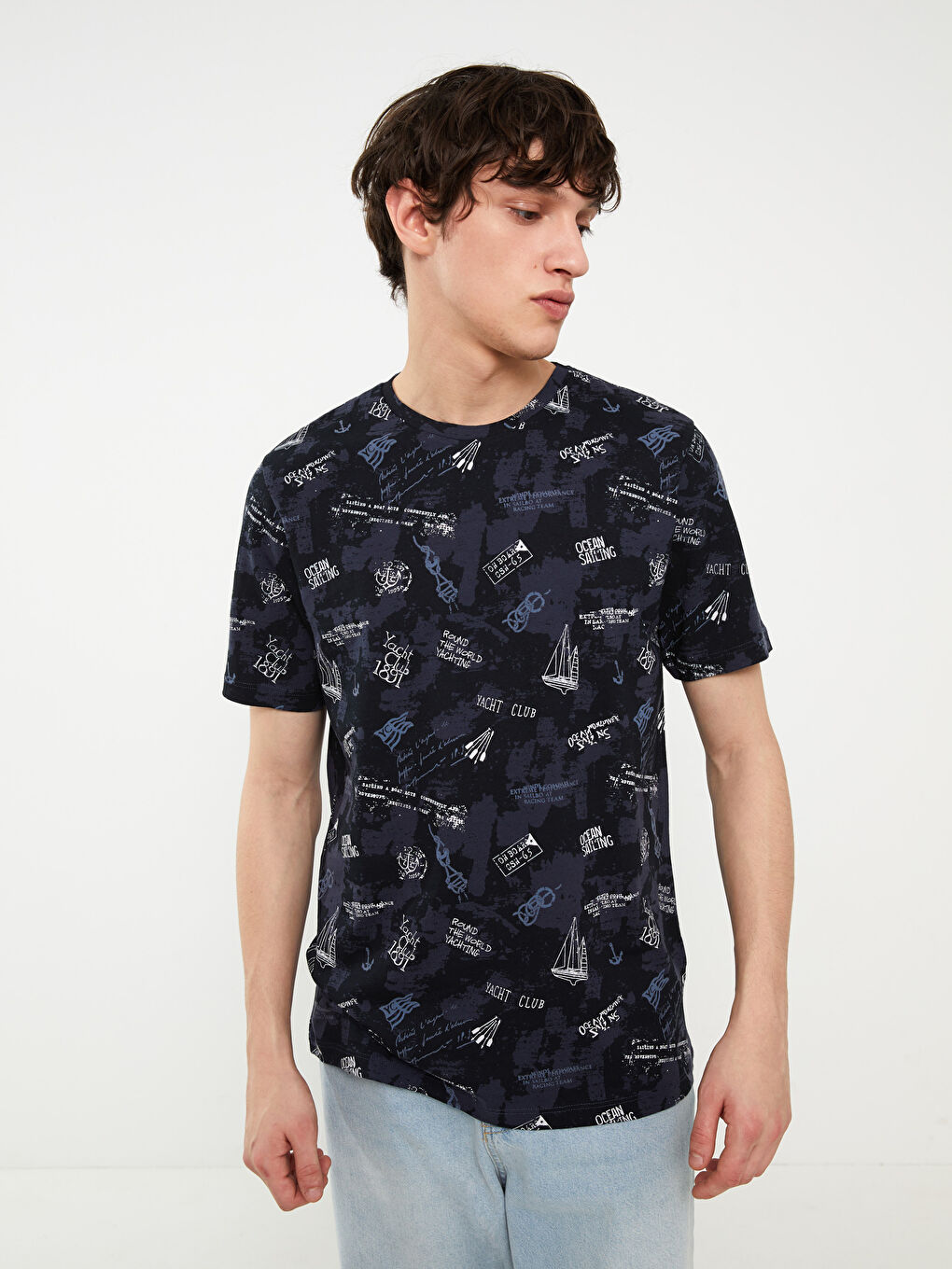 Crew Neck Short Sleeve Patterned Jersey Men's T-Shirt-1