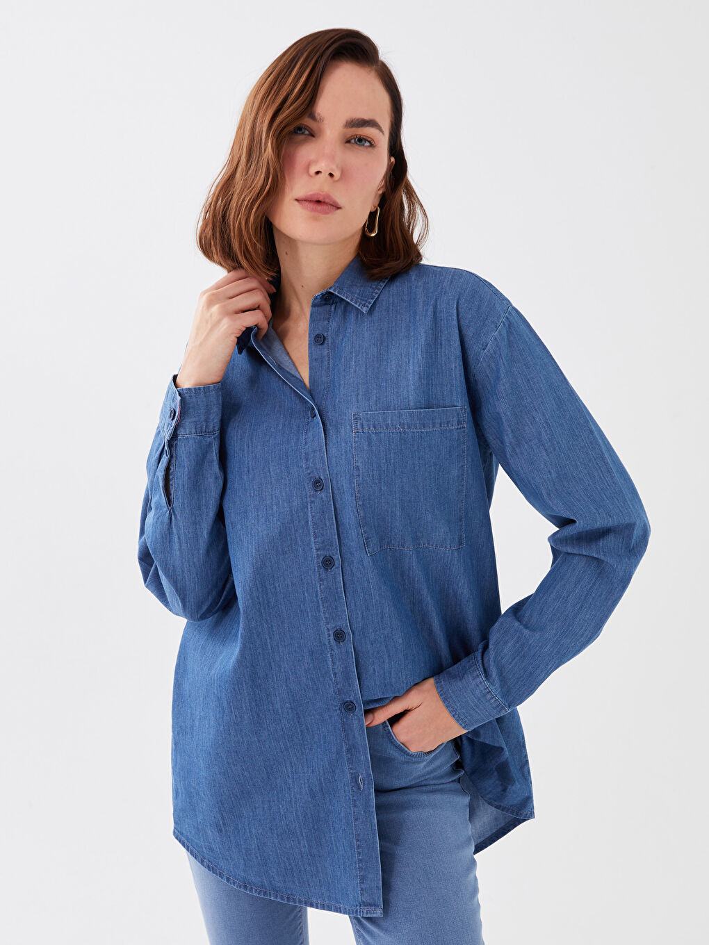 Tunică din Denim cu Guler de Cămașă, Simplă, Mânecă Lungă pentru Femei