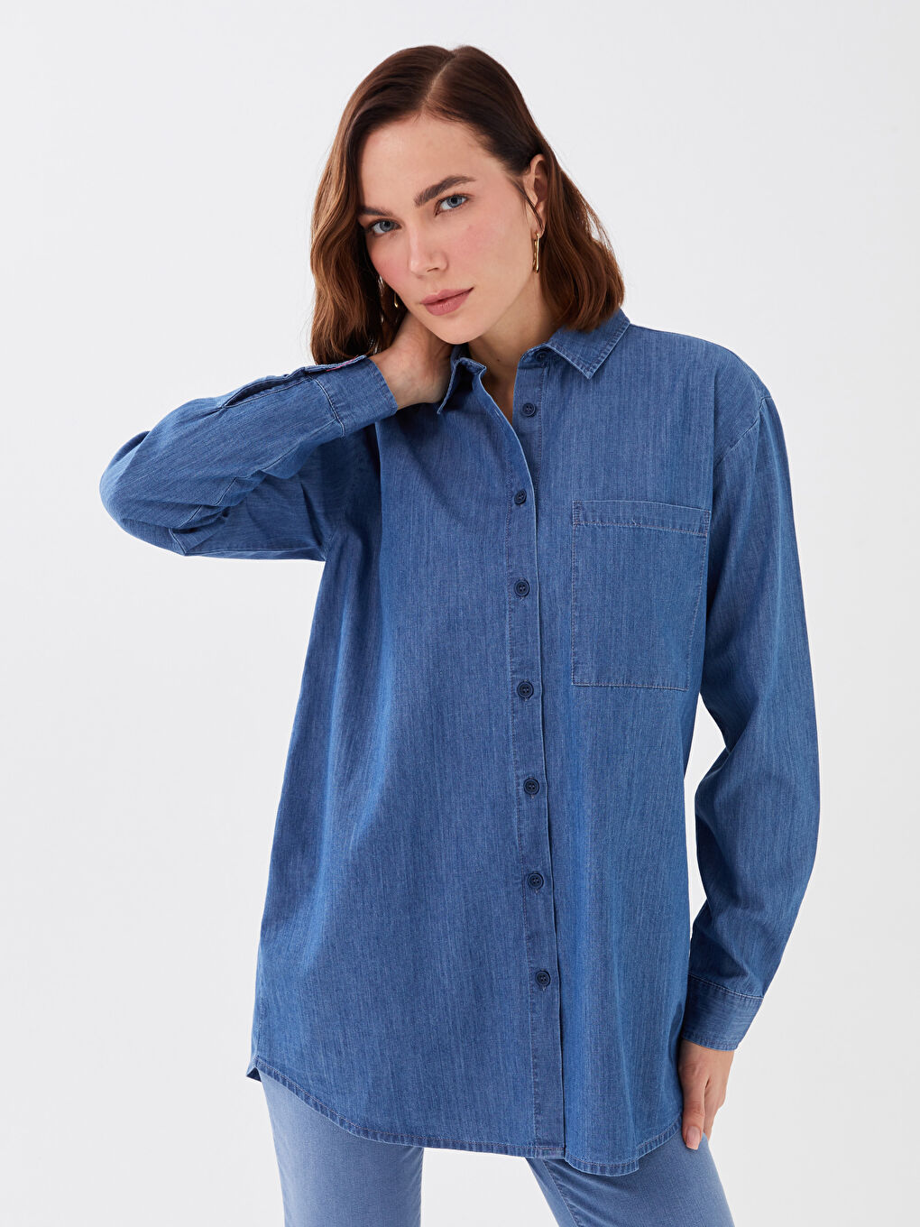 Tunică din Denim cu Guler de Cămașă, Simplă, Mânecă Lungă pentru Femei-1