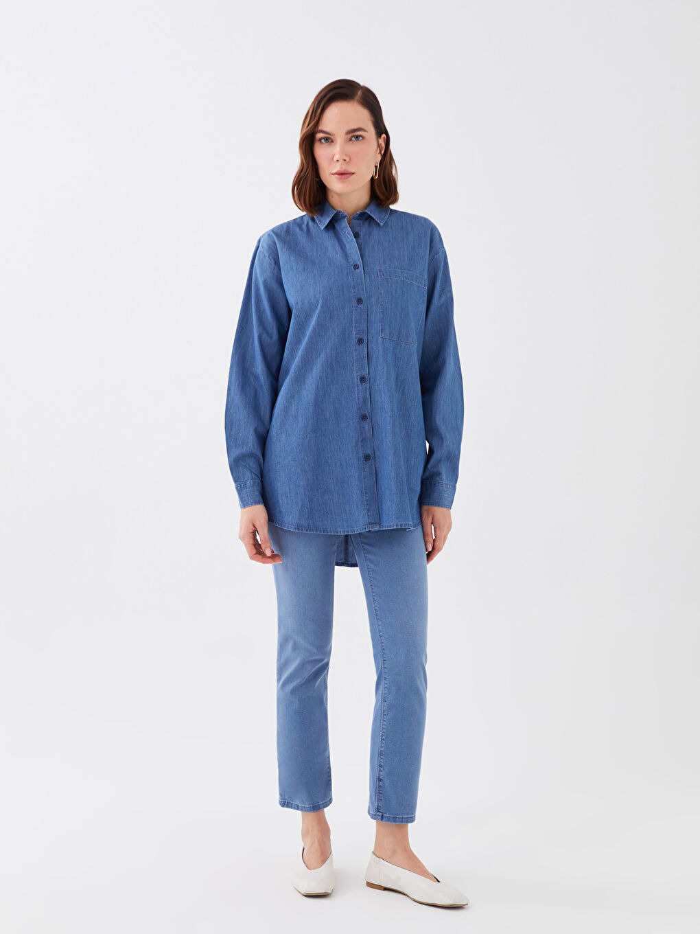 Tunică din Denim cu Guler de Cămașă, Simplă, Mânecă Lungă pentru Femei-2