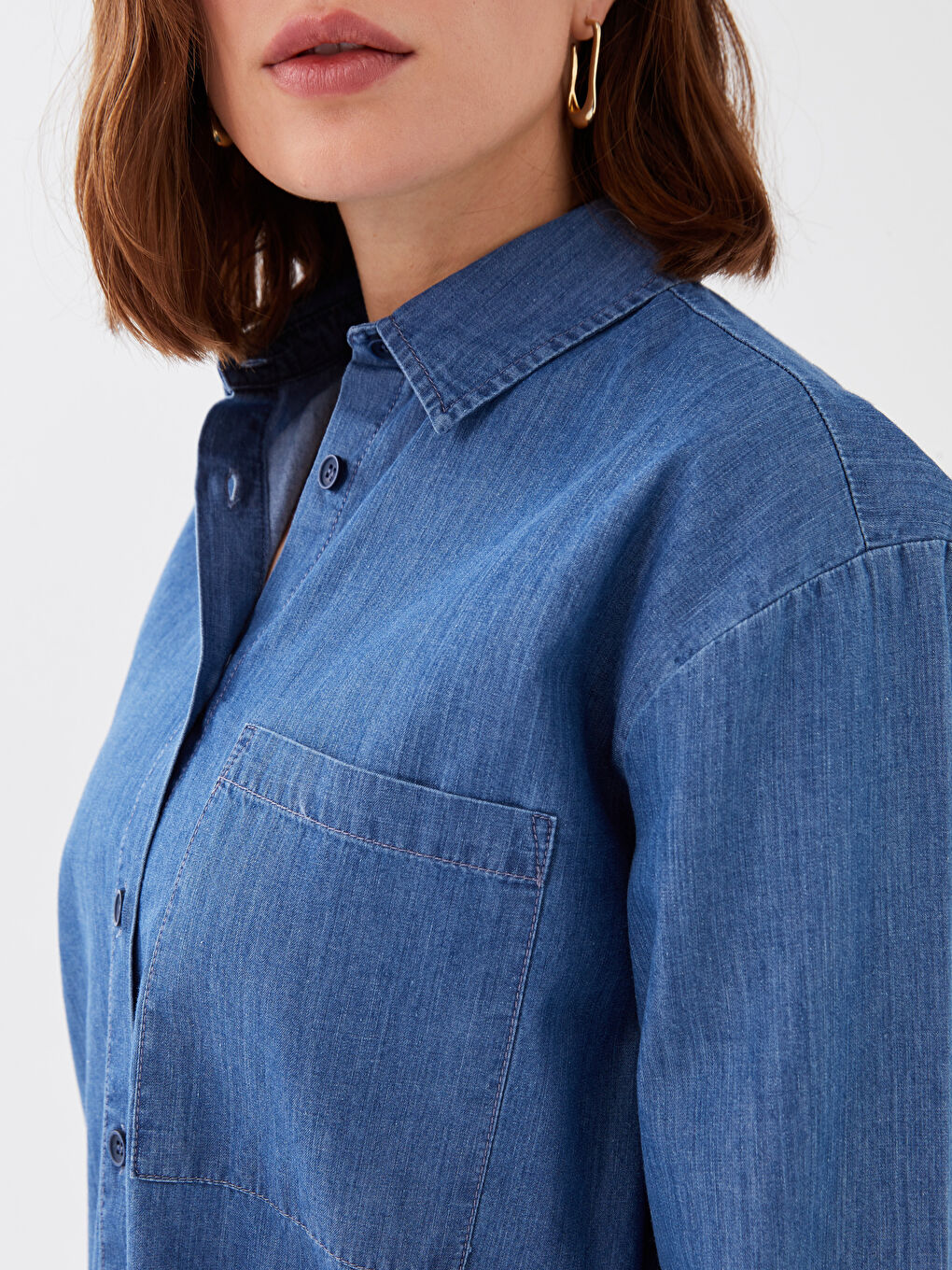 Tunică din Denim cu Guler de Cămașă, Simplă, Mânecă Lungă pentru Femei-3