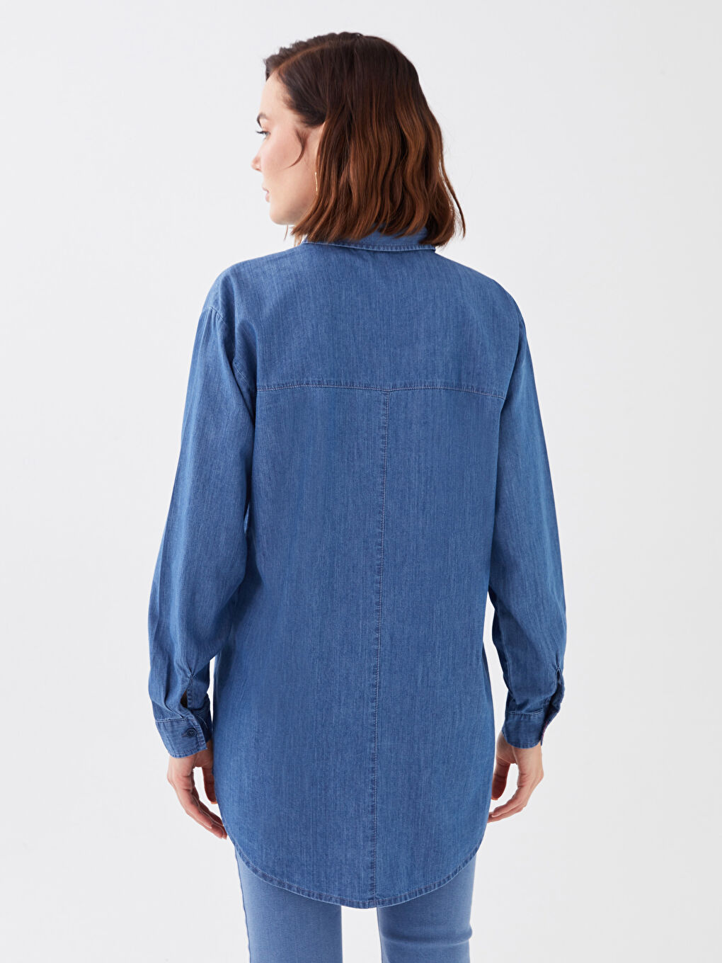 Tunică din Denim cu Guler de Cămașă, Simplă, Mânecă Lungă pentru Femei-4